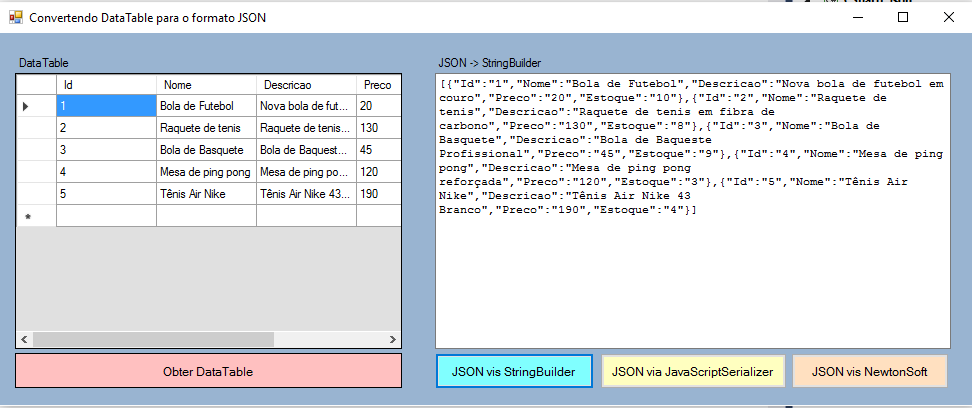 C Convertendo DataTable Para JSON